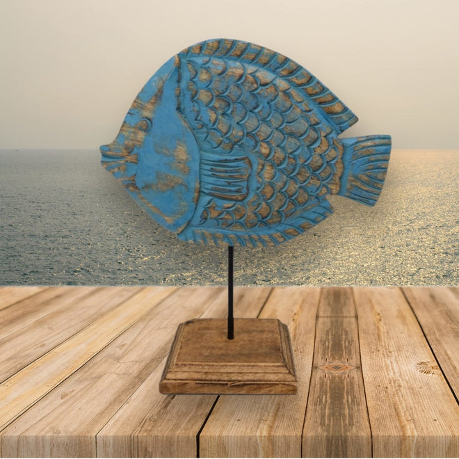 Handcarved Wooden Puffer Fish Statue | Farmhouse World
