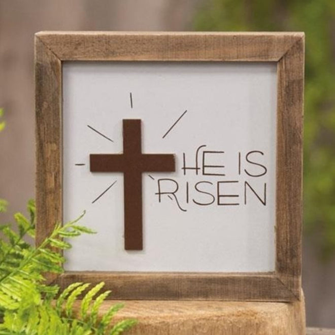 "He is Risen" Wooden Sign Shelf Sitter 6" | Farmhouse World