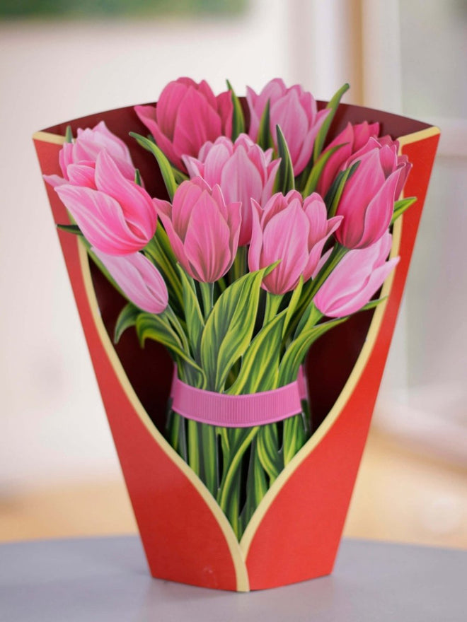 Pop-Up Flower Bouquet Greeting Card - Pink Tulips | Farmhouse World