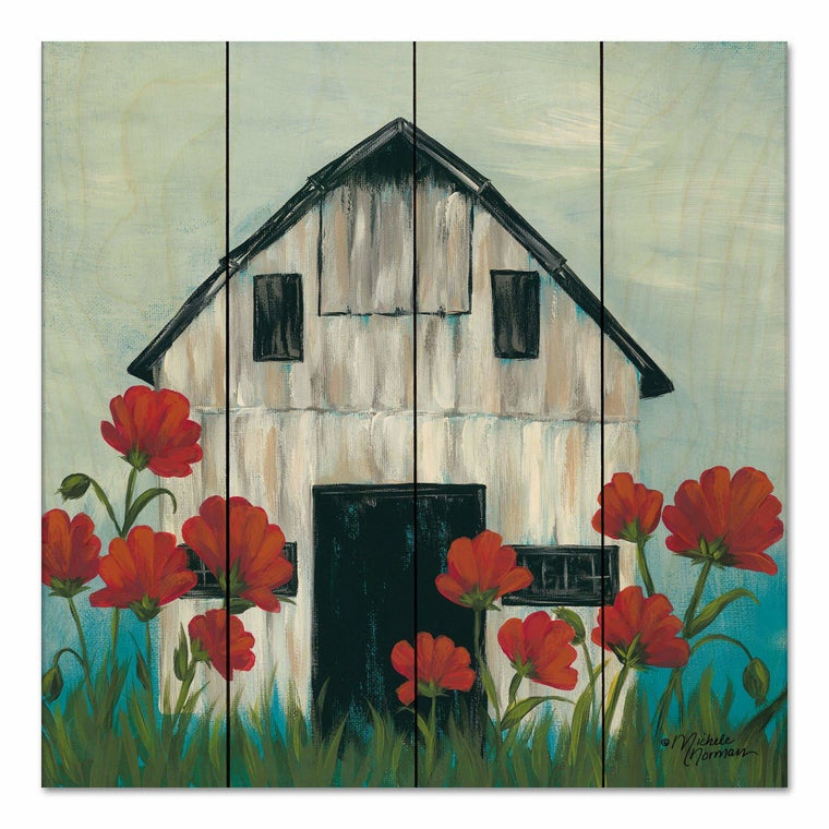 Poppies Barn Wall Art on Solid Wood 12" | Farmhouse World