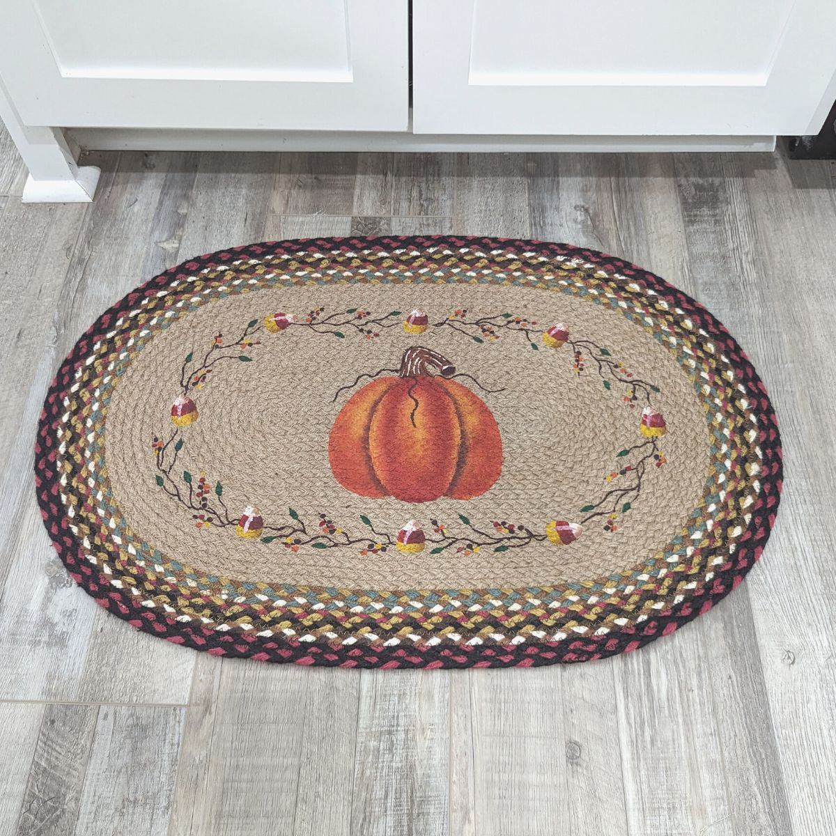 Pumpkin oval jute rug in farmhouse kitchen