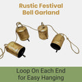 Rustic Festival Bell Garland on Jute String Rope with Antique Gold Finish 72"L | Farmhouse World