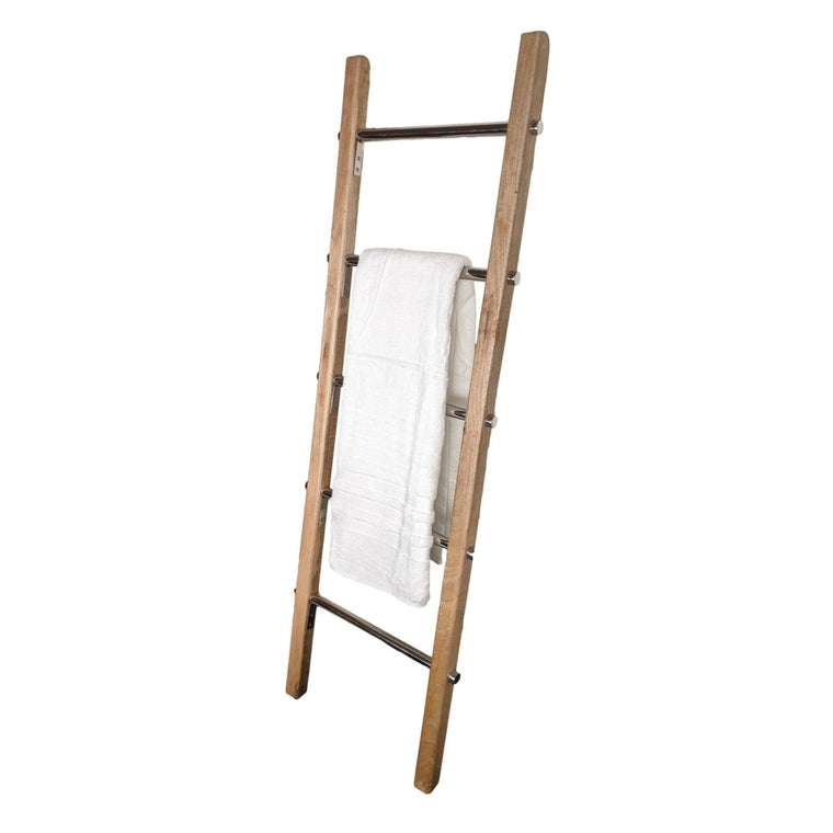 Towel Ladder Rack Wooden | Modern Farmhouse Blanket Ladder with Stainless Steel Rungs - 5 ft | Farmhouse World