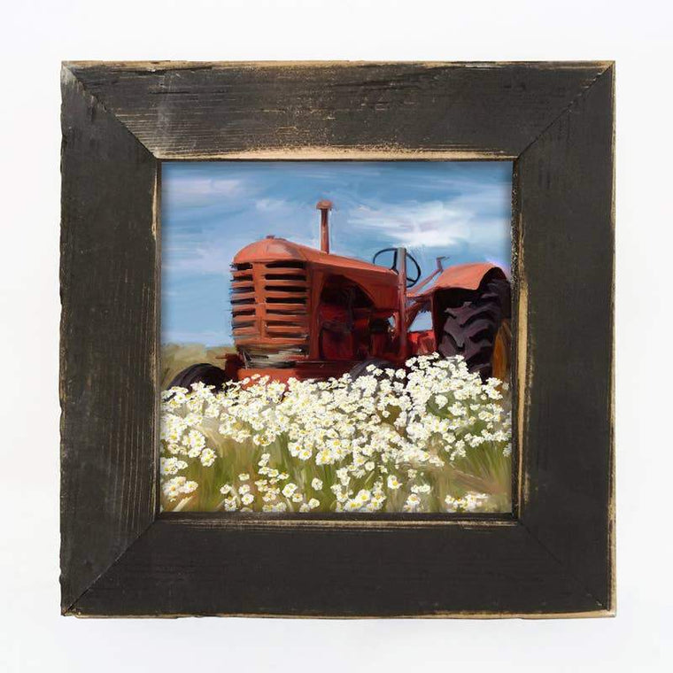 Red Tractor Print Framed in Reclaimed Barnwood 8" | Farmhouse World