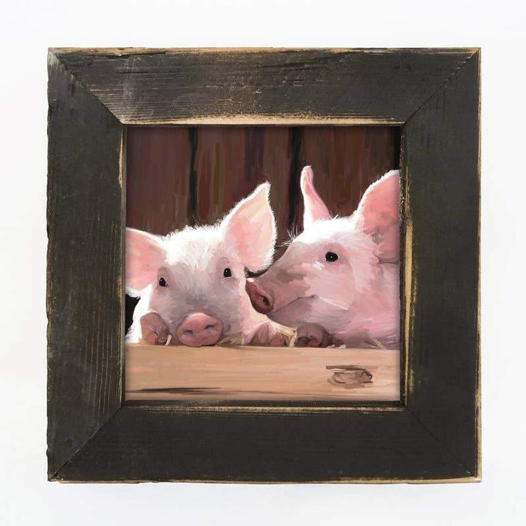 Two Pigglets Print Framed in Reclaimed Barnwood 8" | Farmhouse World