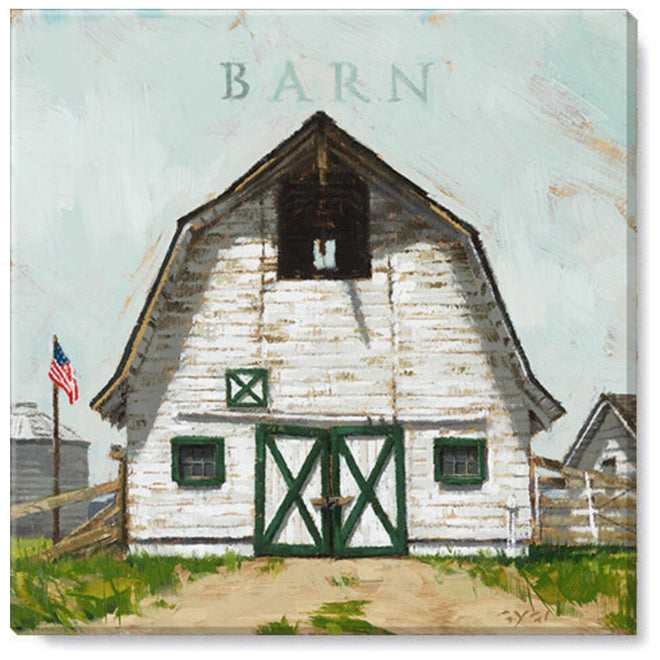 White Barn with Flag Gallery Wrapped Canvas Wall Art - 5" to 48" Sizes | Farmhouse World