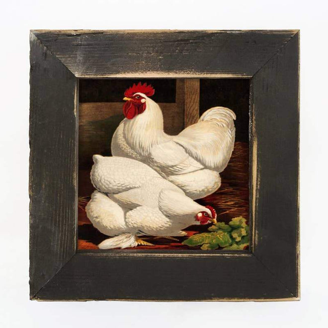 White Chicken Print Framed in Reclaimed Barnwood 8" | Farmhouse World